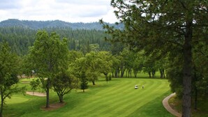 Un campo de golf con un camino despejado, árboles y una cadena montañosa distante.
