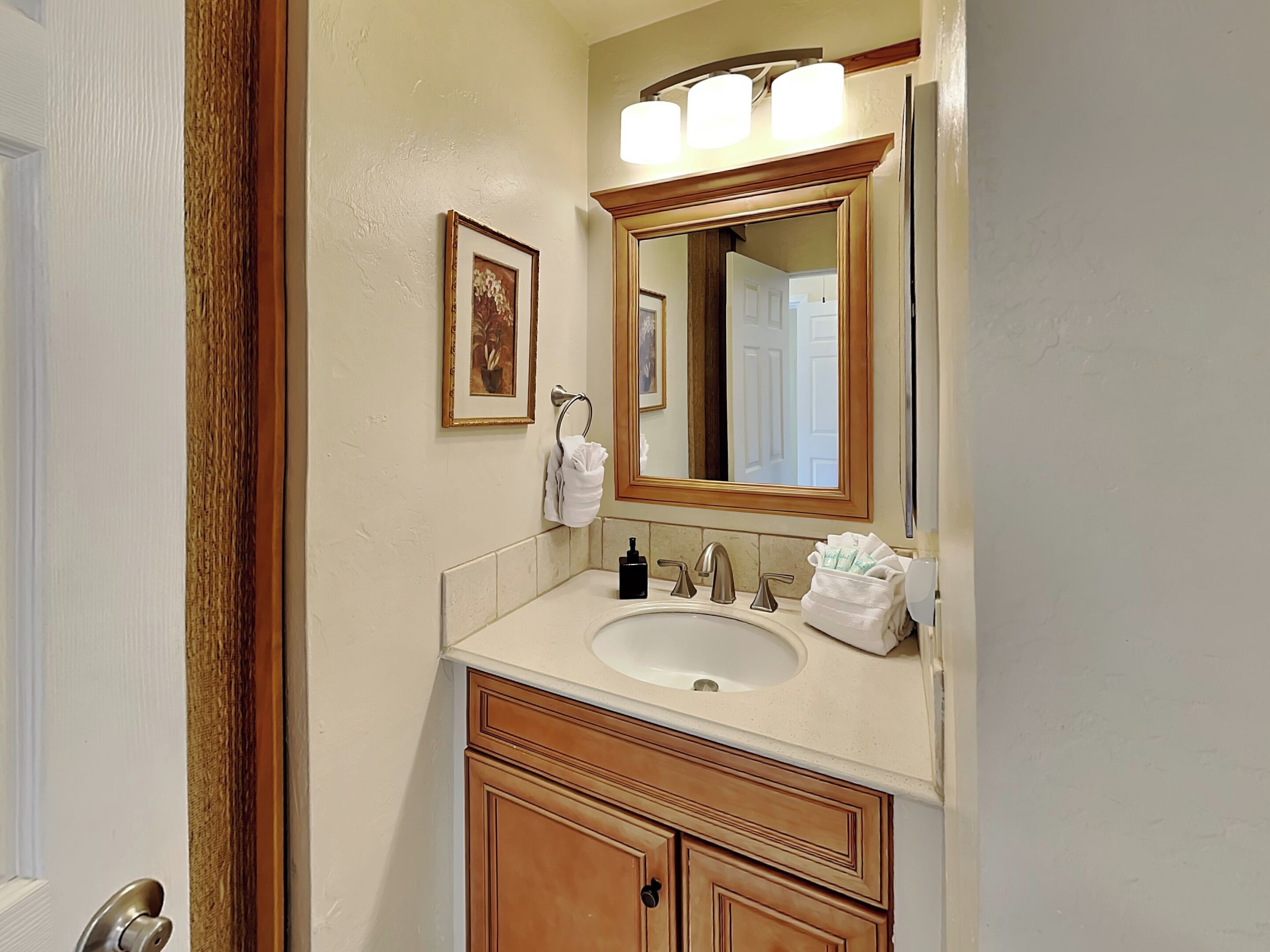 A bathroom with a sink, mirror, towel rack, and a framed picture on the wall.