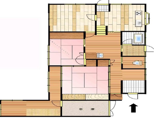 A floor plan with a kitchen, dining area, two bedrooms, a bathroom, and a small balcony. - Tuwano sou (Tsuwano)