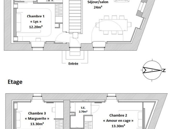 A floor plan of a hotel with three rooms, a sitting area, and a small office. Room 1 is 12.20m², Room 2 and 3 are each 13.30m², and the sitting area is 24m².