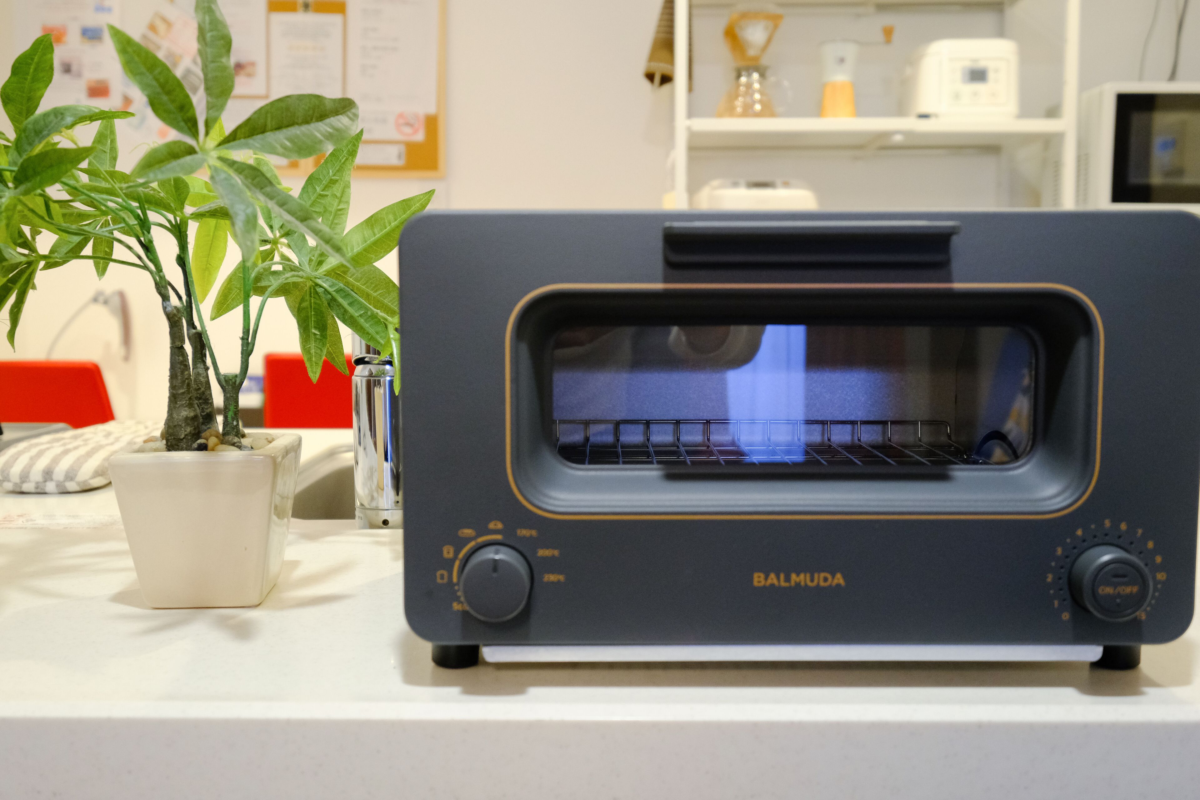 Una cocina con un horno tostador en la encimera, una planta en maceta y un armario blanco.