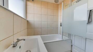 Combined shower/bathtub, hair dryer, towels, toilet paper