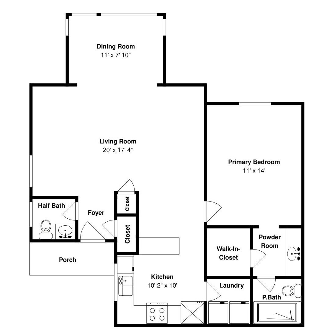 A floor plan of a house with a dining room, living room, primary bedroom, kitchen, half bath, foyer, closet, walk-in closet, powder room, laundry, and P.Bath.