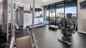 Une salle de sport équipée de matériel d’exercice, d’un tapis de course et offrant une vue sur l’extérieur.