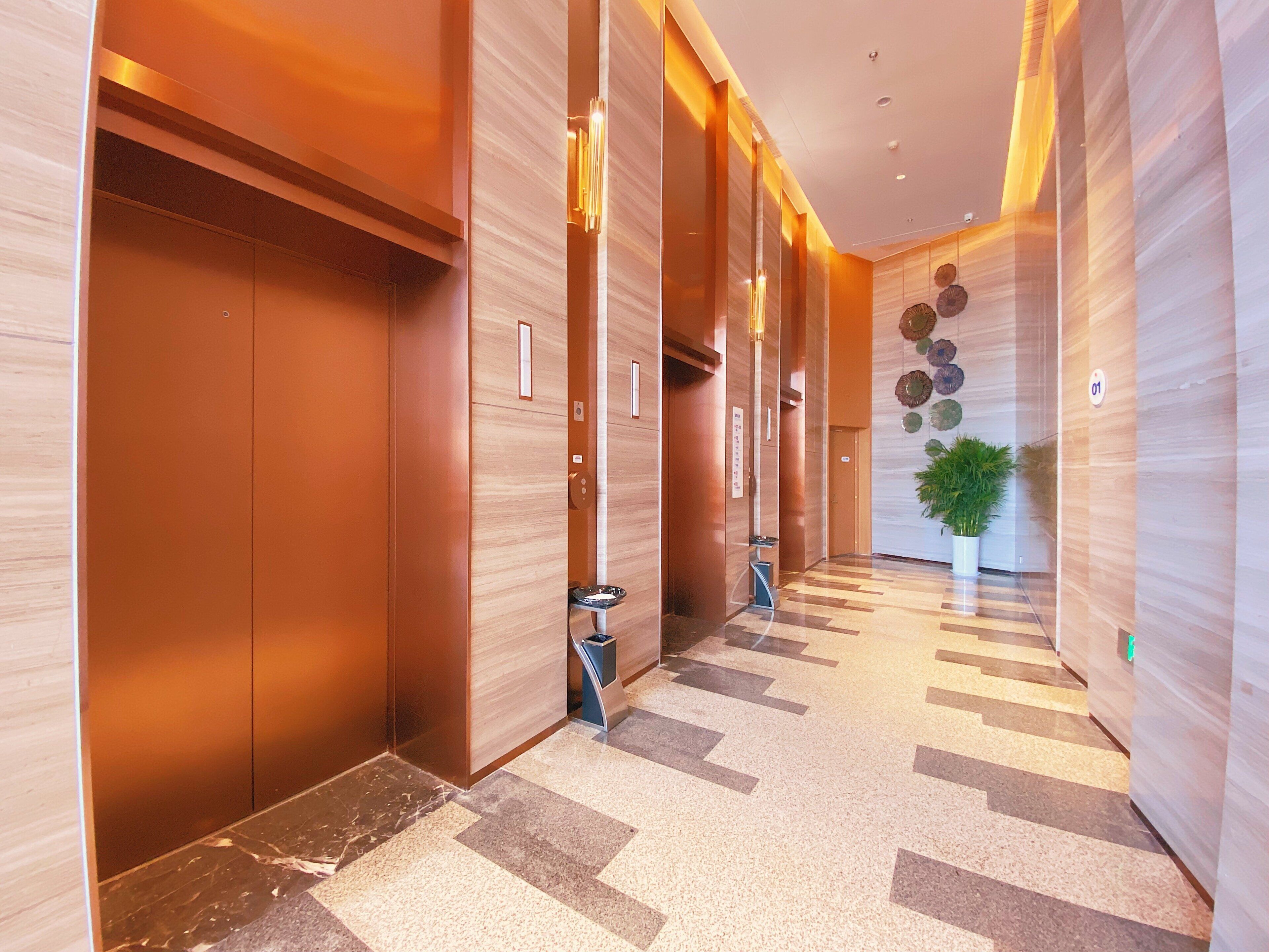A modern hotel lobby with a marble floor, wooden paneling, and a potted plant.
