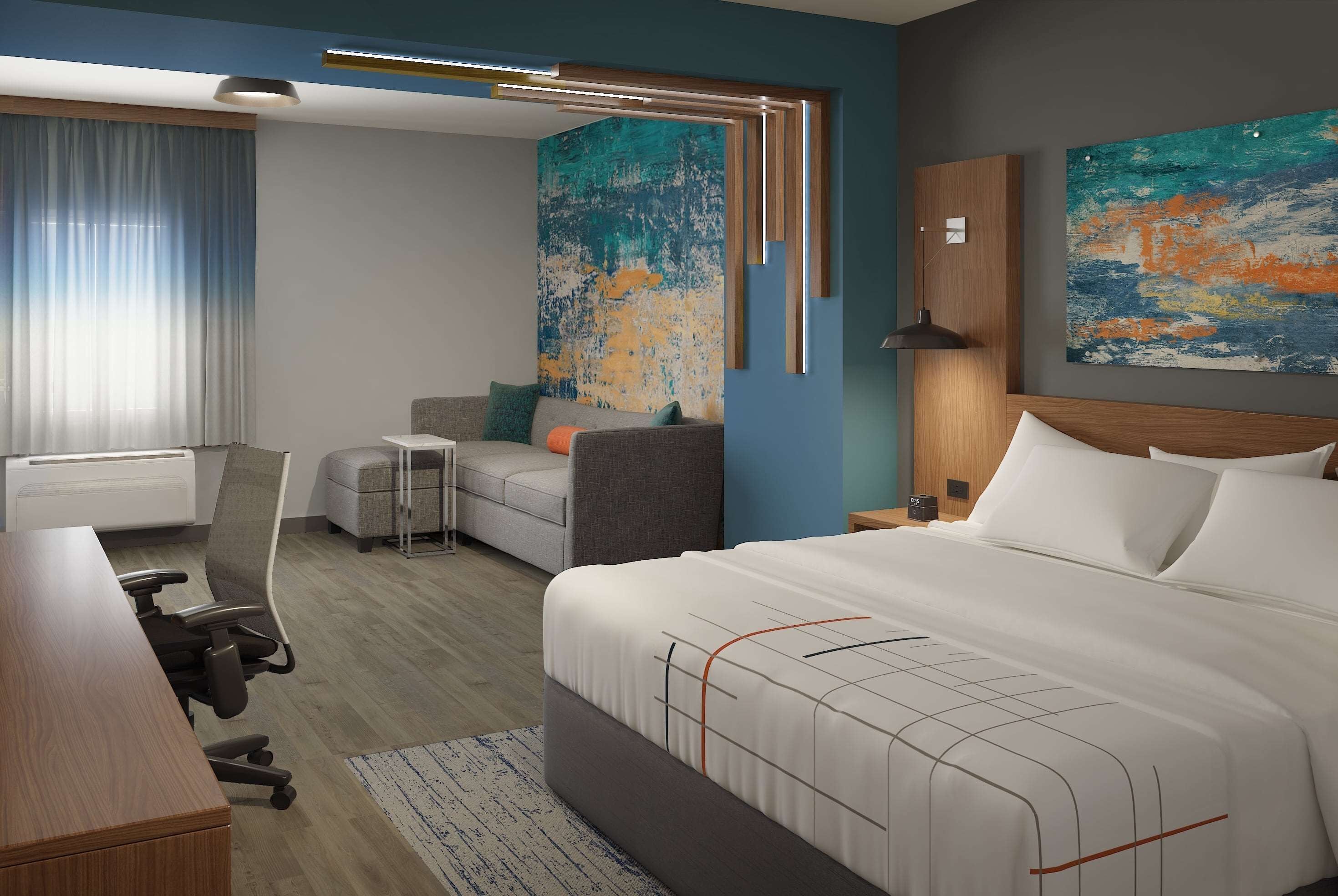 Desk, laptop workspace, blackout curtains, iron/ironing board