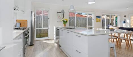 Fridge, microwave, dishwasher, coffee/tea maker