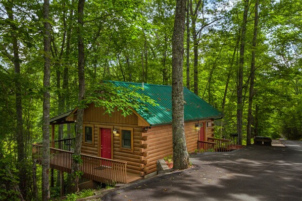 A log cabin with a green roof, surrounded by tall trees.