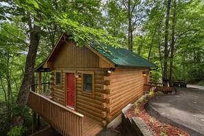 A wooden cabin with a red door, a porch, and a green roof, surrounded by trees.