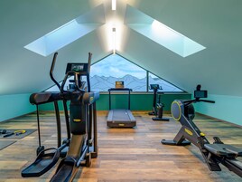 Un gimnasio con equipo cardiovascular, una cinta de correr y una máquina de remo.