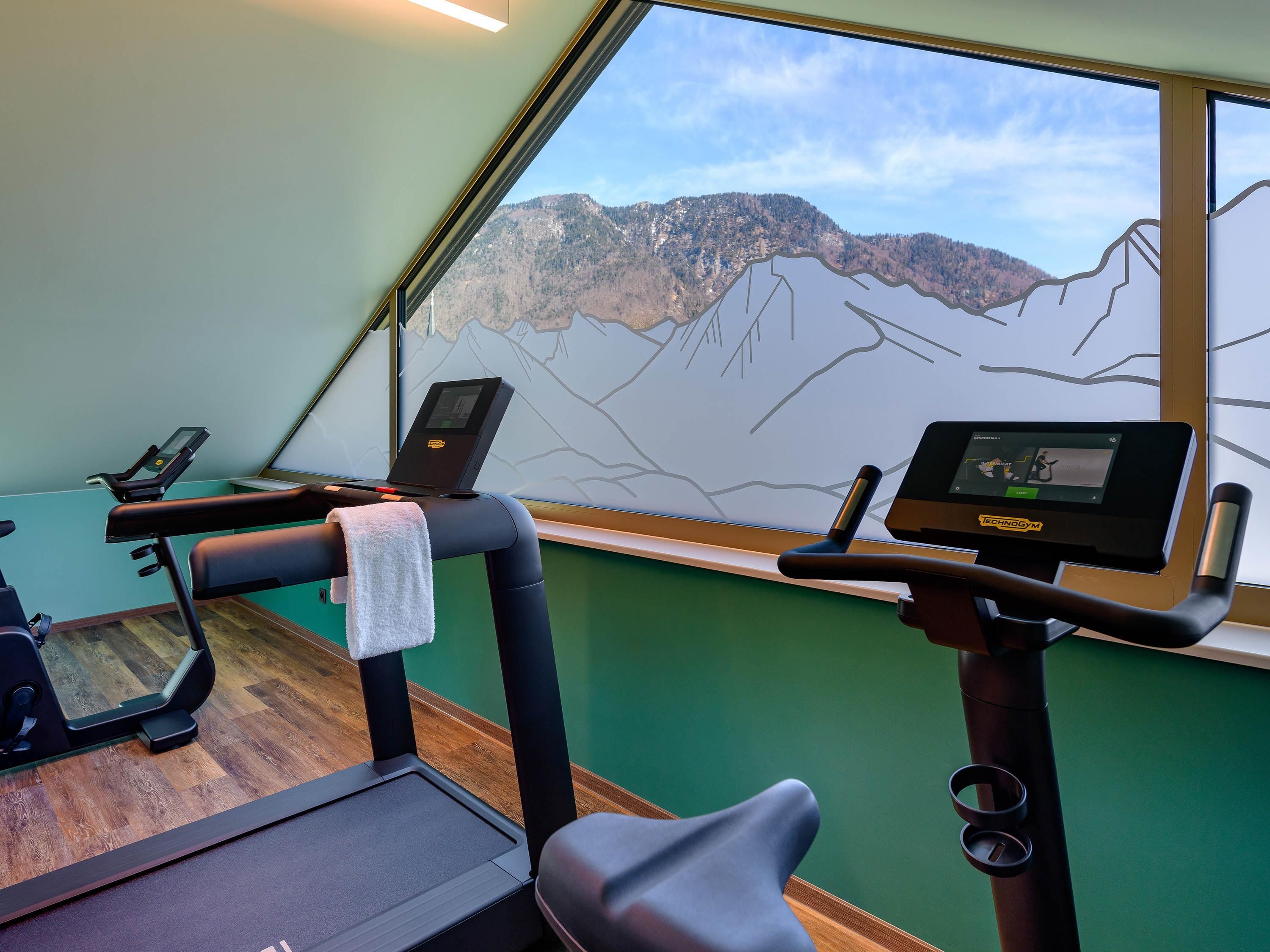 Une salle de sport équipée d’un tapis de course, d’un vélo d’exercice et d’une grande fenêtre donnant sur les montagnes.