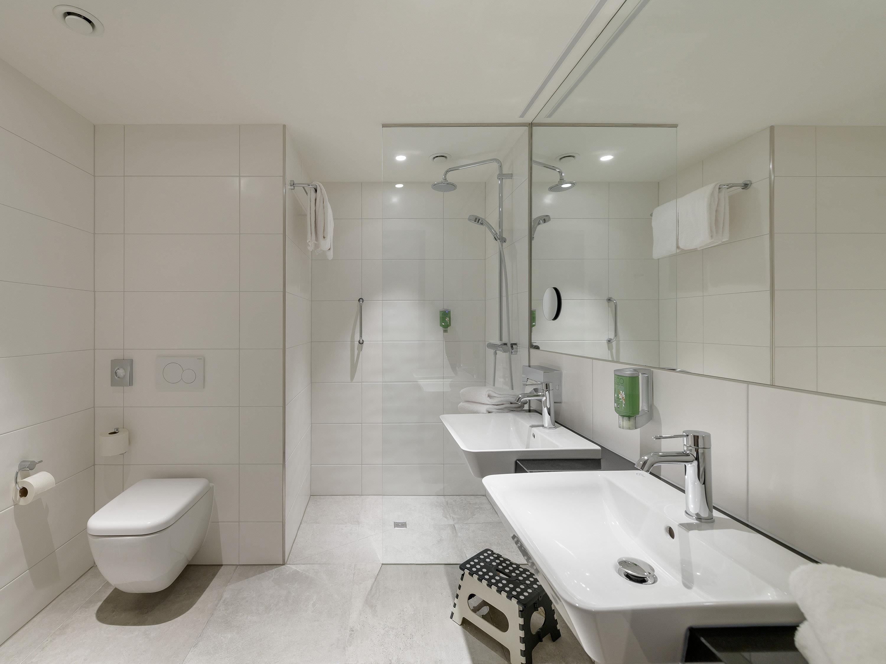 Ein modernes Badezimmer mit Toilette, Bidet und einem großen Spiegel.