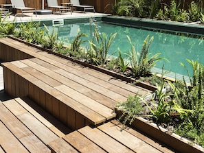 Outdoor pool, pool umbrellas, pool loungers