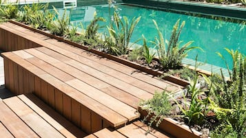Outdoor pool, pool umbrellas, pool loungers
