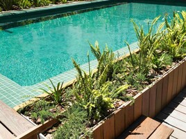 Una piscina al aire libre, sombrillas, sillones reclinables de piscina