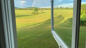 A window with a view of a grassy field and a rainbow.