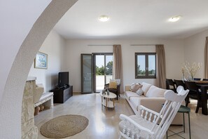 Smart TV, fireplace, books, stereo