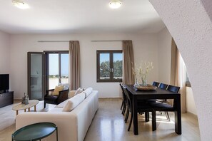 Smart TV, fireplace, books, stereo