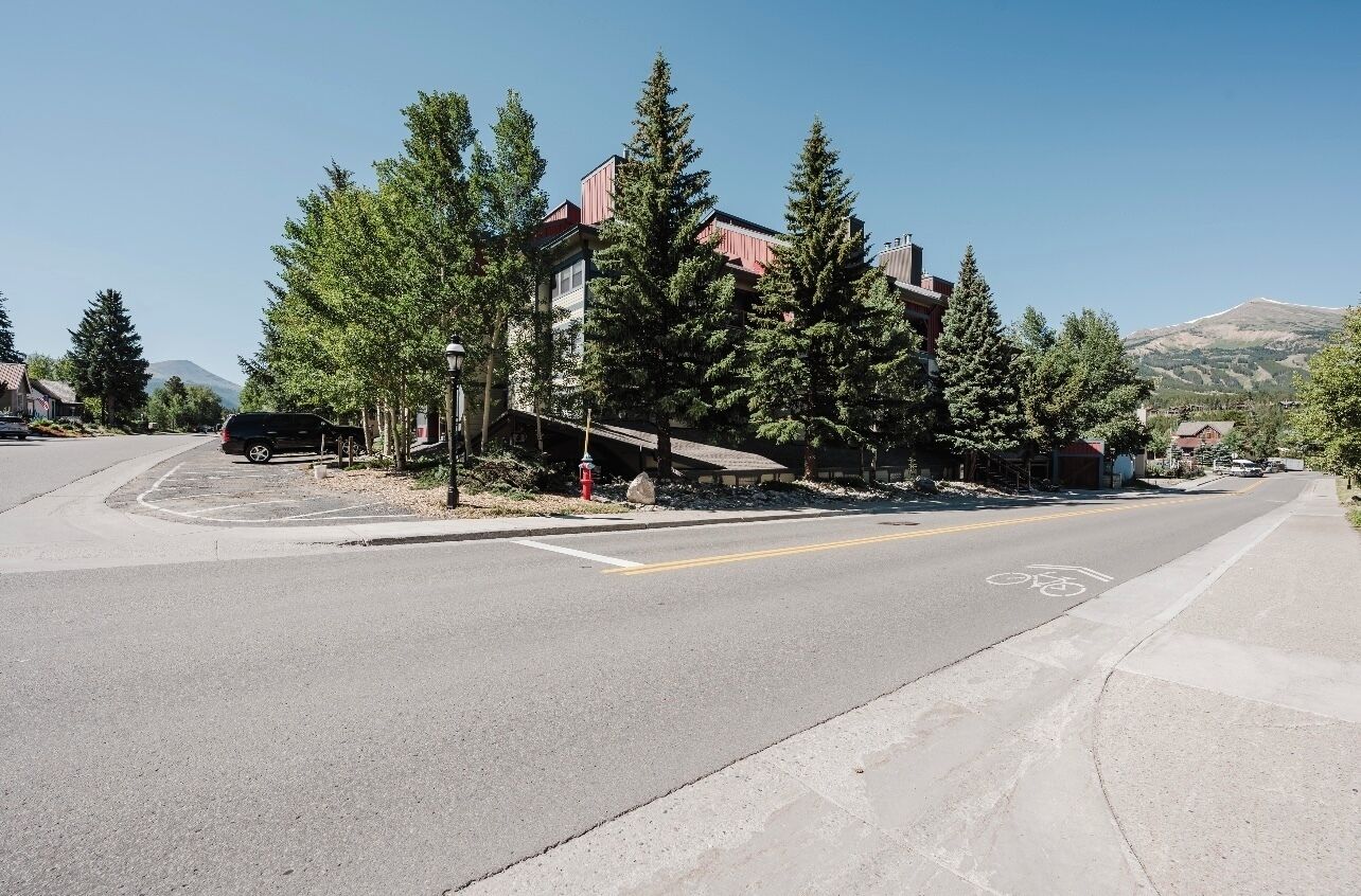 A street with a bicycle lane, trees, and buildings.