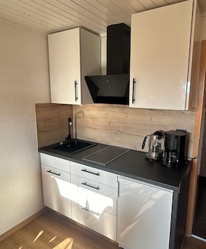 Kjøleskap, mikrobølgeovn, kokeplater og kaffetrakter/tekoker