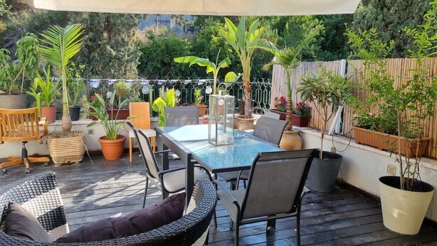 Une terrasse extérieure avec une table en verre, des chaises en osier et des plantes en pot.