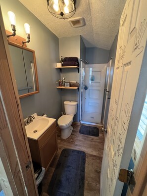 Douche, séchoir à cheveux, serviettes fournies, papier de toilette