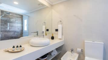 A modern bathroom with a large mirror, white sink, and a bidet.