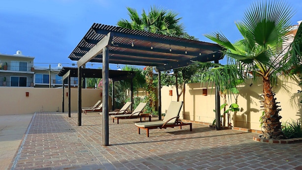 A covered outdoor seating area with lounge chairs, a brick pathway, and palm trees. - Hacienda Bella Cabo San Lucas (Apartment 2) (Cabo San Lucas)