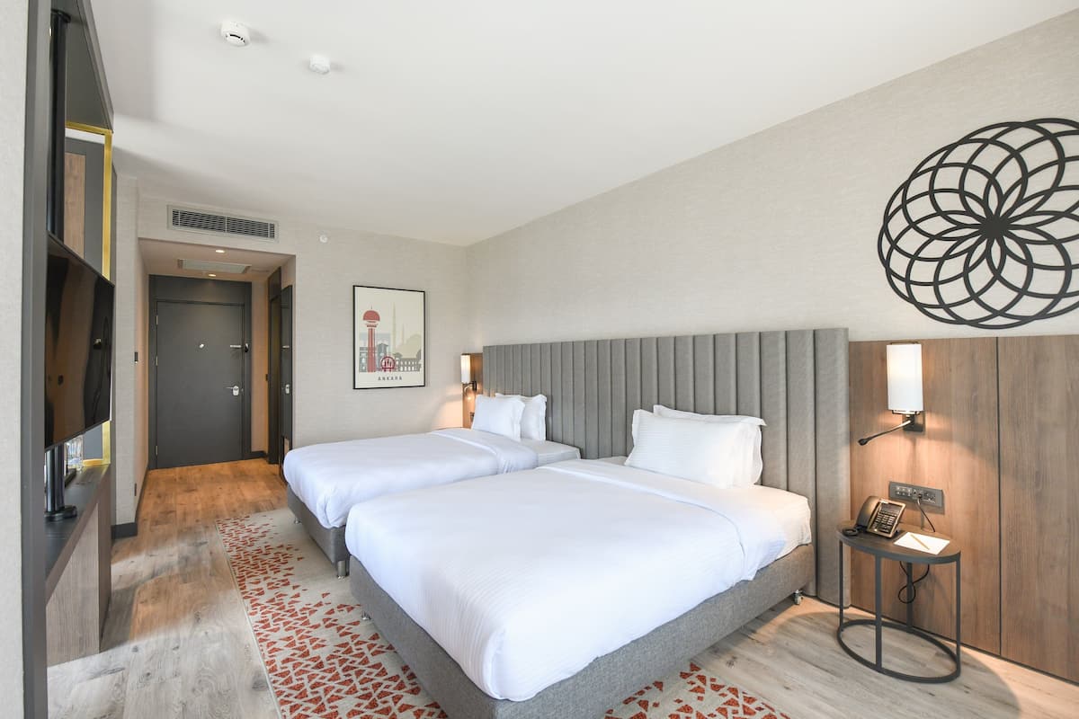 A hotel room with two beds, a TV, a bedside table with a phone, and a decorative wall piece.