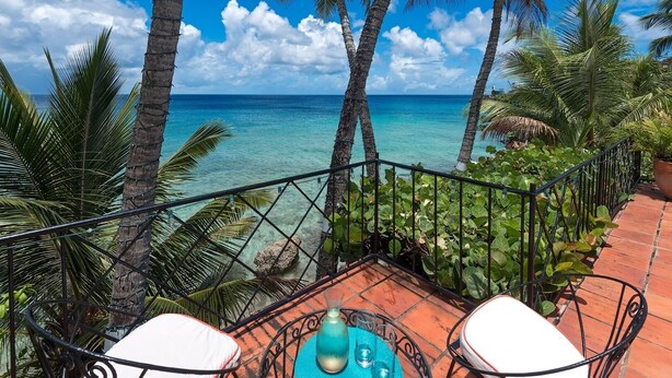 Una terraza con vista al océano, rodeada de palmeras y una barandilla.
