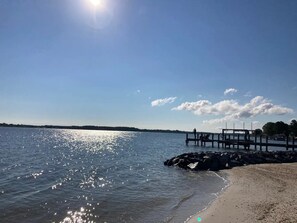 On the beach, sun-loungers