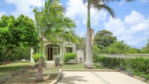 Una casa con jardín, una palmera y un camino que lleva a la entrada.