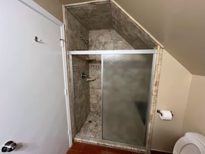 A bathroom with a shower, toilet, and a door. - Flint Haus - Frankenmuth Vacation Homes (Frankenmuth)