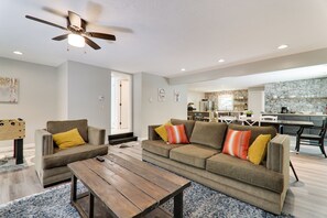 Smart TV, fireplace, foosball, books