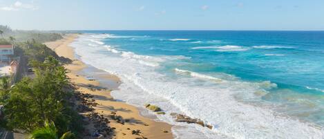 On the beach, sun loungers, beach towels