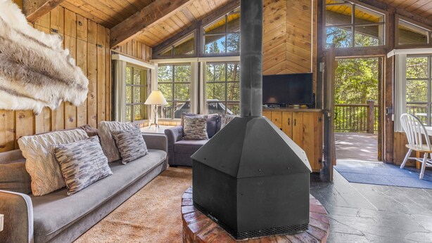 A wooden interior with a fireplace, a sofa, and a television. - Brecken Haus (Breckenridge)