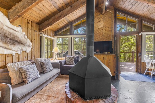 Cabin, Multiple Beds, Patio, Mountain View | Living area | 40-inch flat-screen TV with cable channels, TV, fireplace
