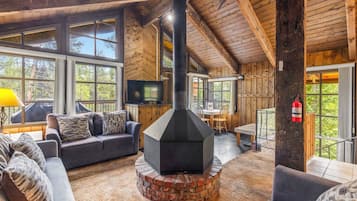 Cabin, Multiple Beds, Patio, Mountain View | Living area | 40-inch flat-screen TV with cable channels, TV, fireplace