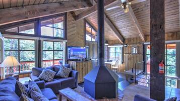Cabin, Multiple Beds, Patio, Mountain View | Living area | 40-inch flat-screen TV with cable channels, TV, fireplace