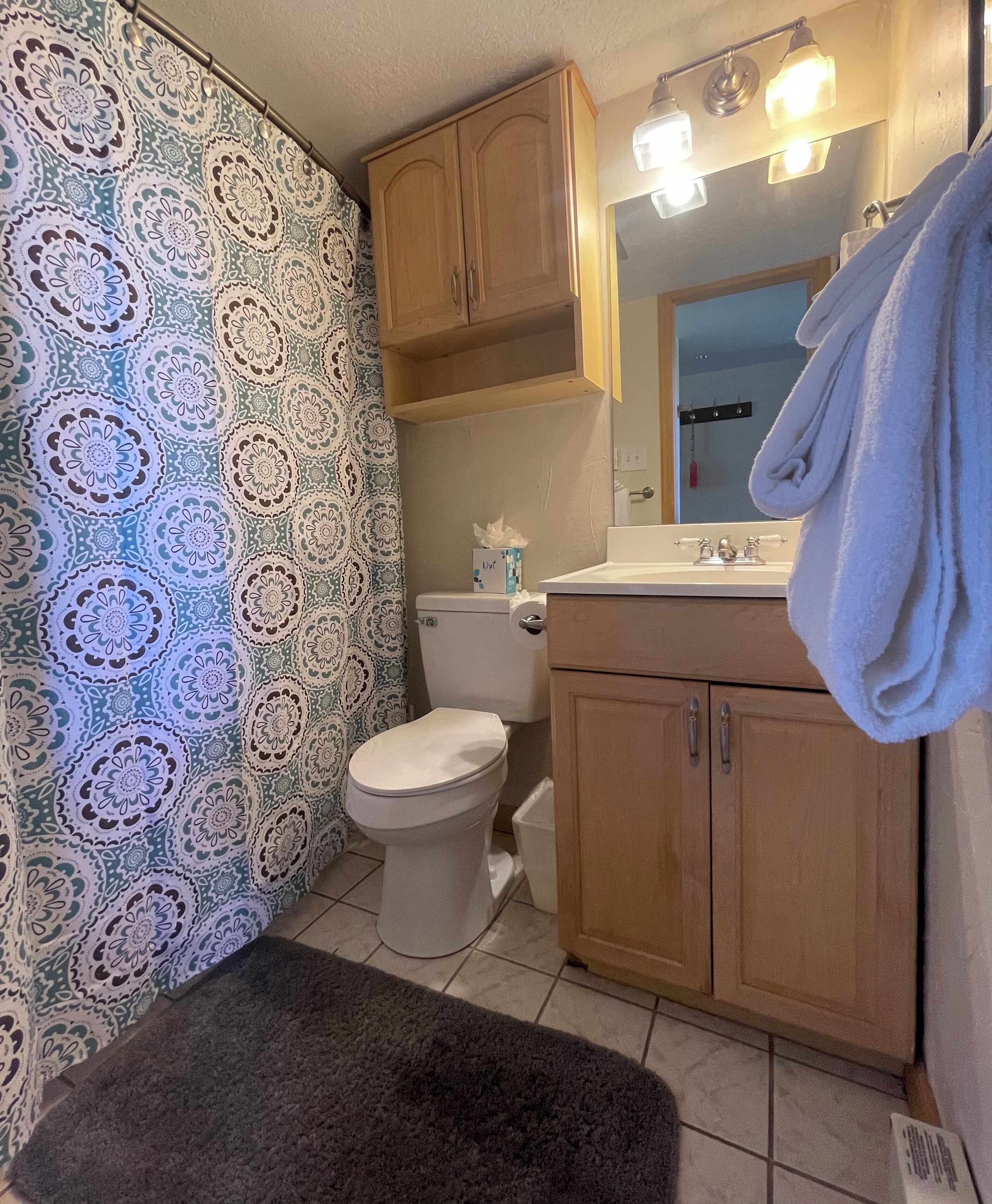 Ein Badezimmer mit Toilette, Holzschränken, einem Waschbecken und einem duschgemusterten Vorhang.