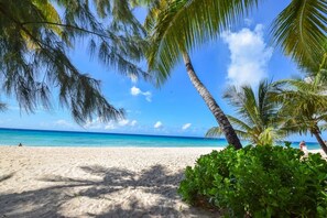 A beach with palm trees and clear blue water. - Modern 2-bed Apt Near Beach In St. Lawrence Gap 2 Bedroom Apts by Bluescape (St. Lawrence Gap)