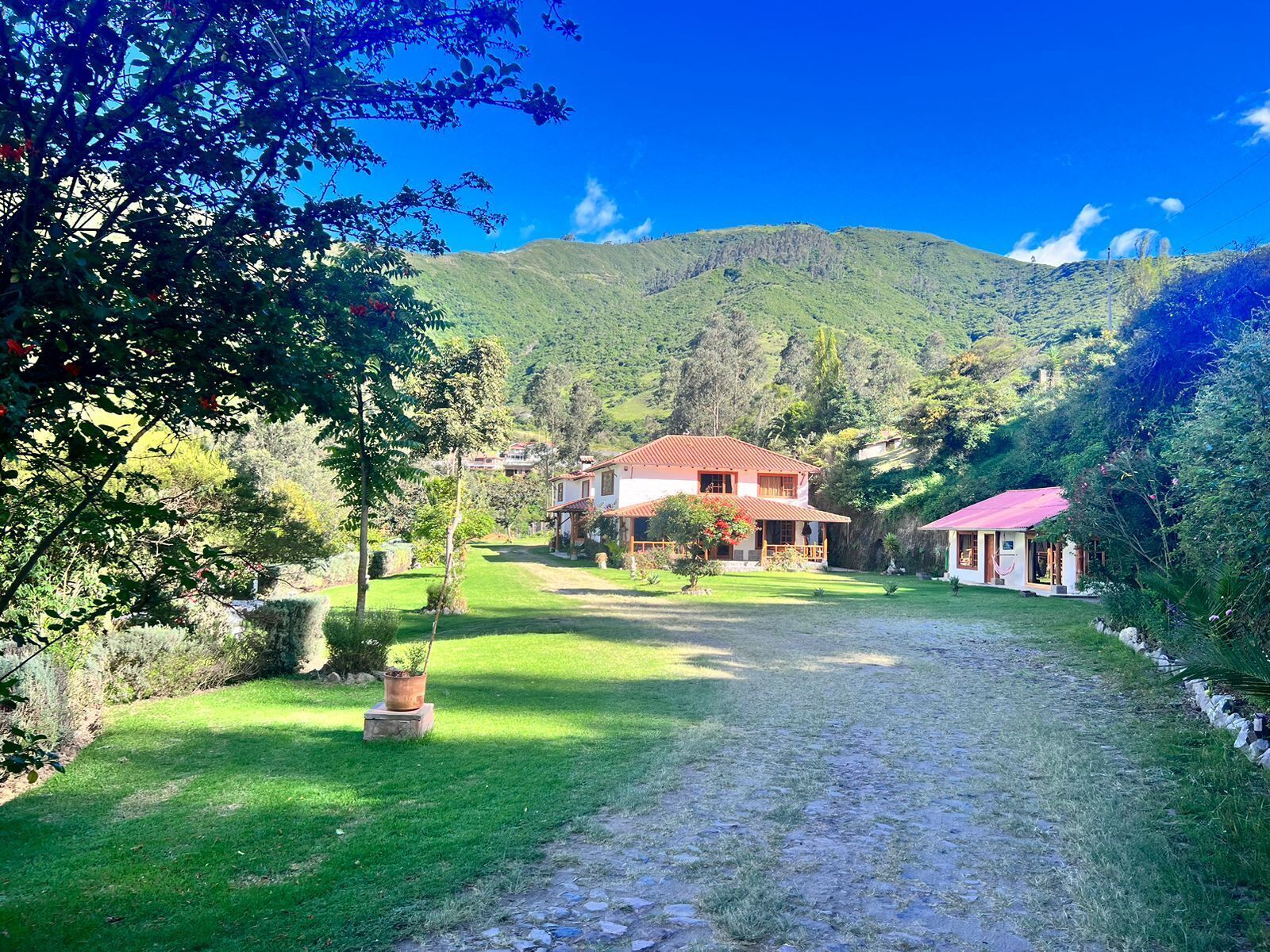 A two-story house with a red roof, surrounded by lush greenery and a clear blue sky.