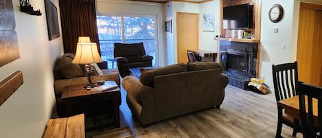 Televisión, chimenea y libros