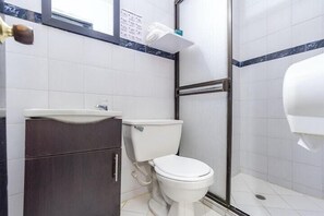 Shower, designer toiletries, towels, soap