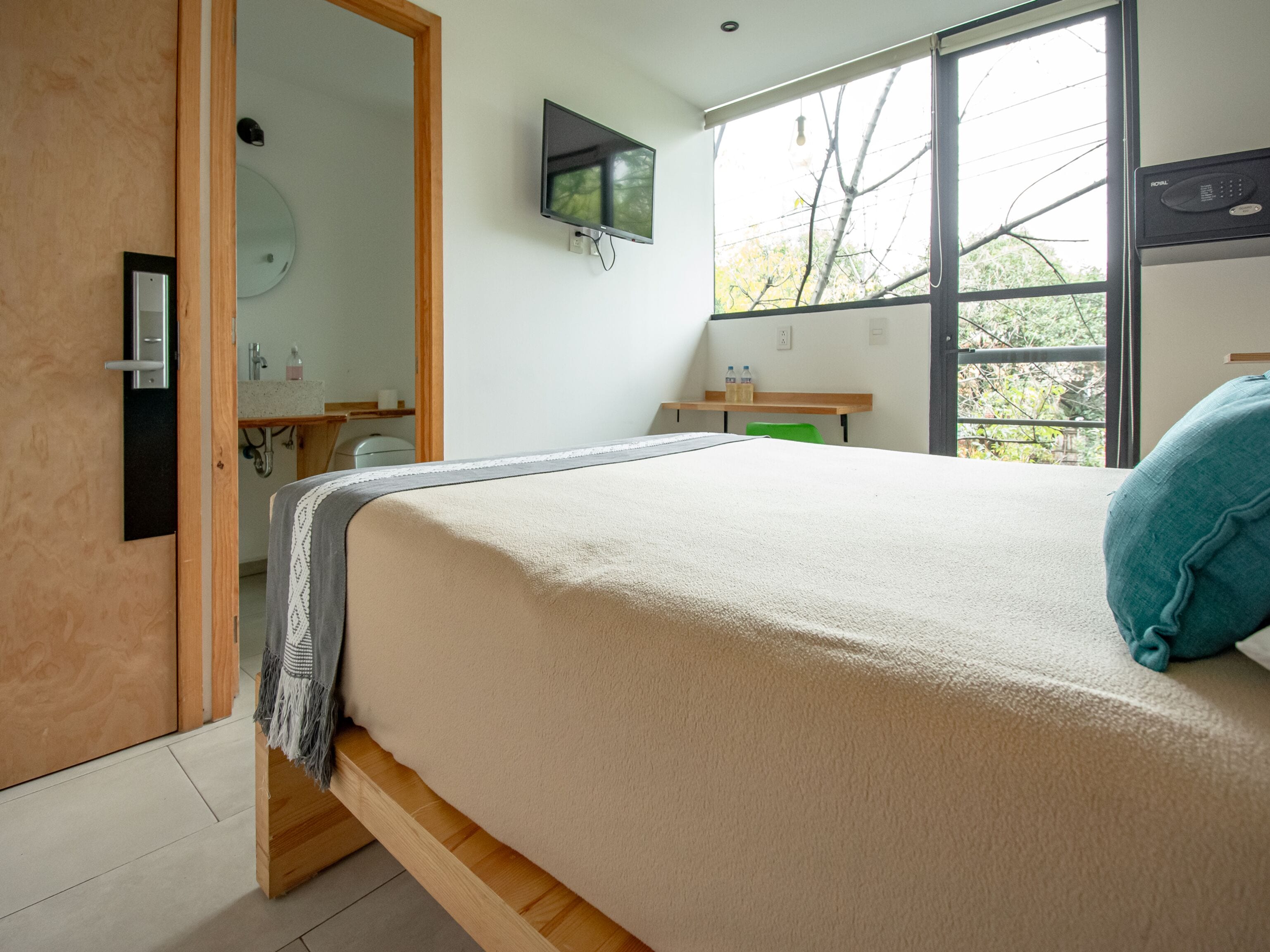 A bedroom with a bed, a TV mounted on the wall, a window with a view of trees, and a wooden door.