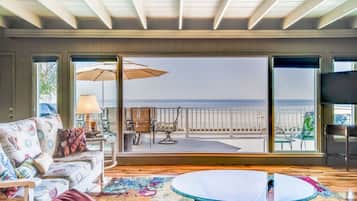 Smart TV, fireplace, books, stereo