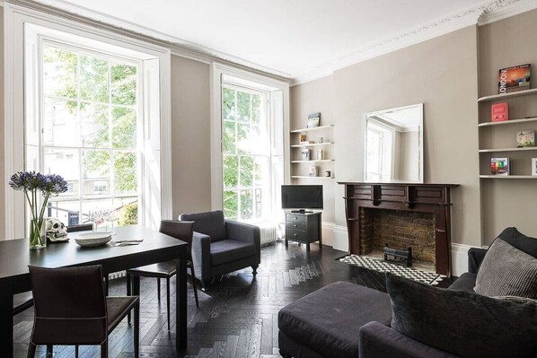 TV, fireplace, books