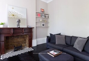 TV, fireplace, books