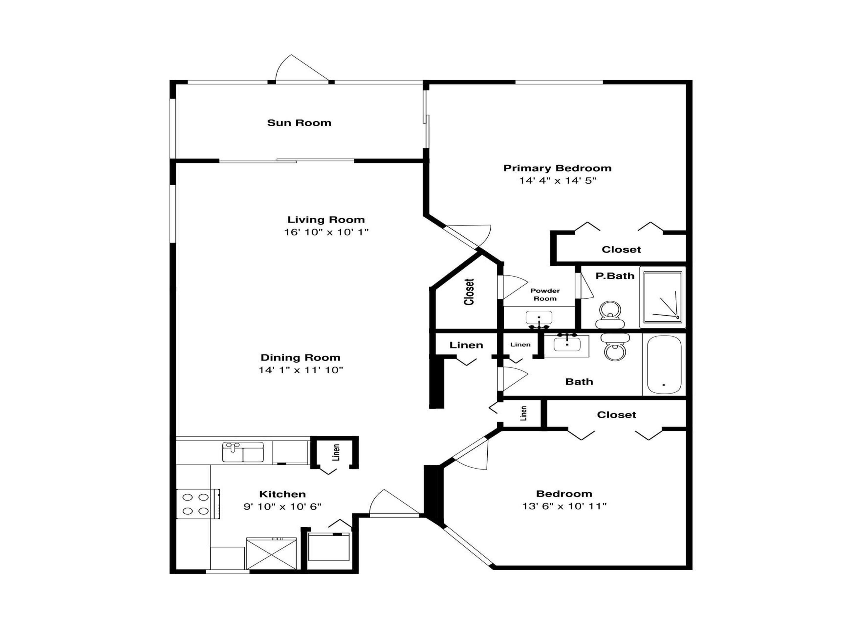 A floor plan of a house with a sun room, living room, dining room, kitchen, primary bedroom, powder room, bathroom, and two closets.