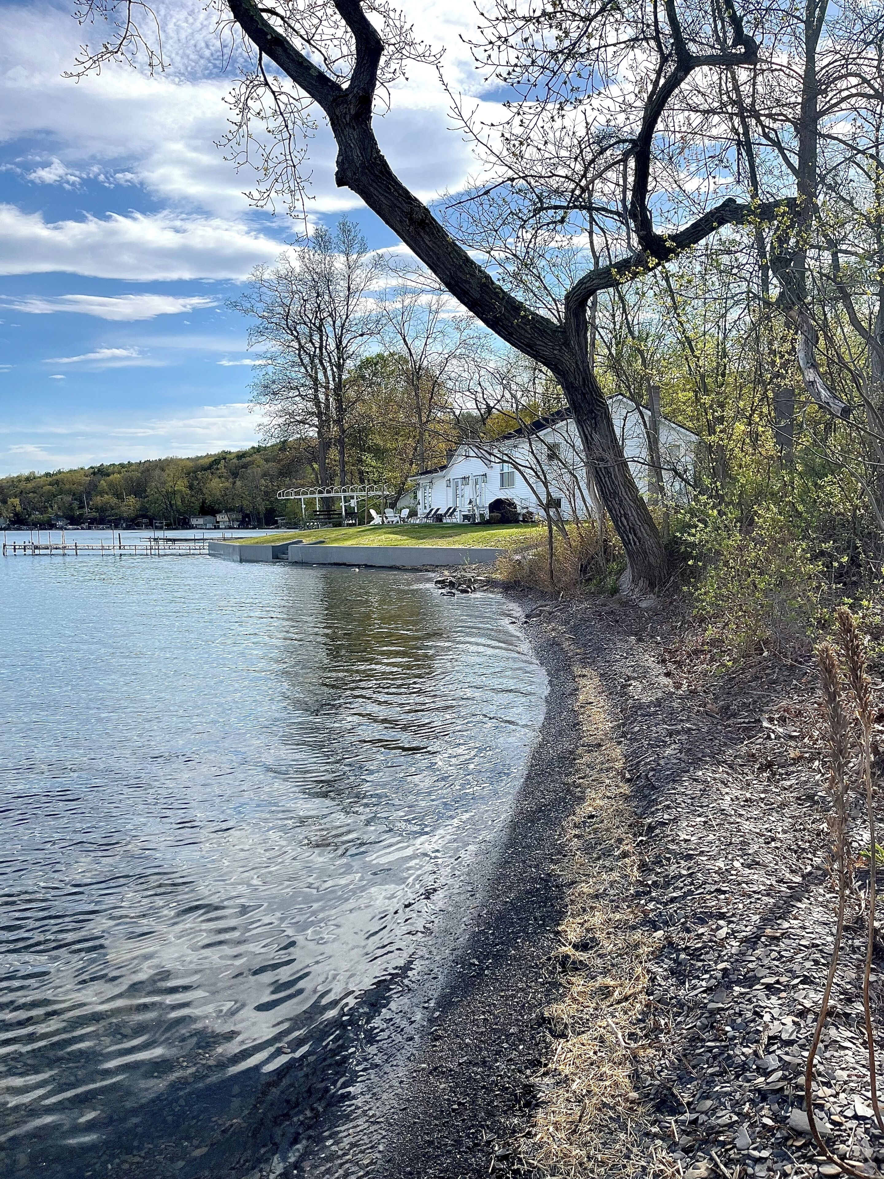 A lakeside view with a dock, a grassy area, and a white building.